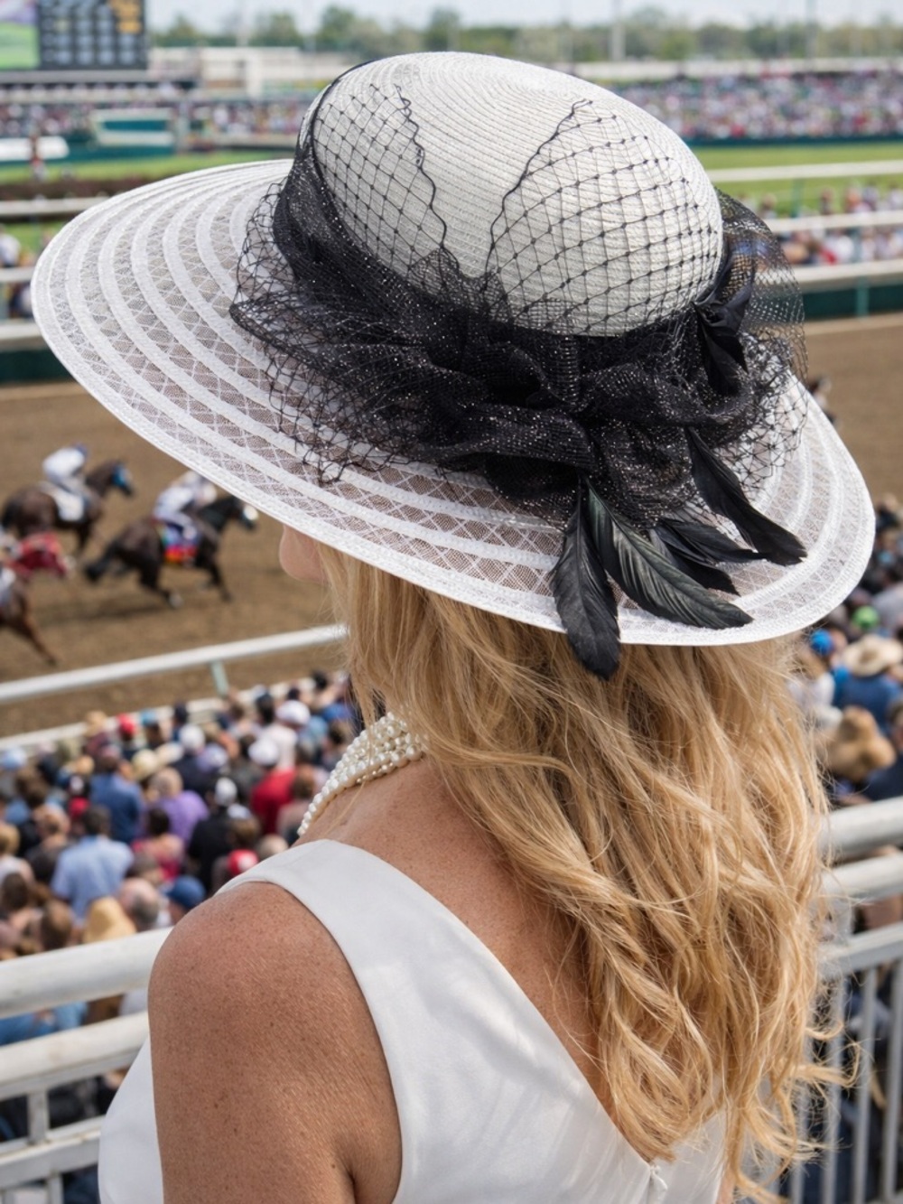 NWT $68 Kate Landy Dress White Hat FEB-2021 w/ Black Feather Bow OS